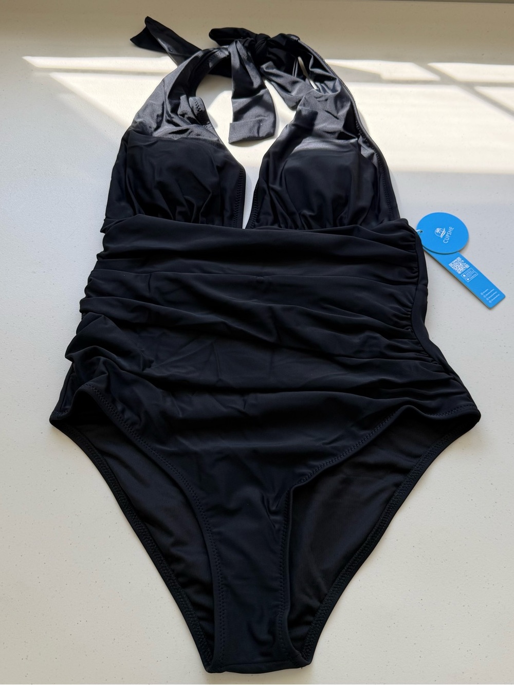 Cupshe Black Ruched Halter One-Piece Swimsuit Padded Stretch Size S